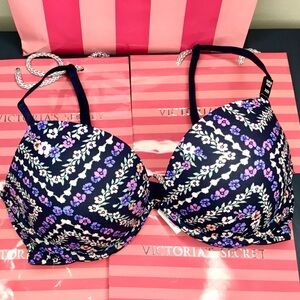 PINK Victoria's Secret Floral Super Push-up Bra Navy Blue and Purple 32D NWT